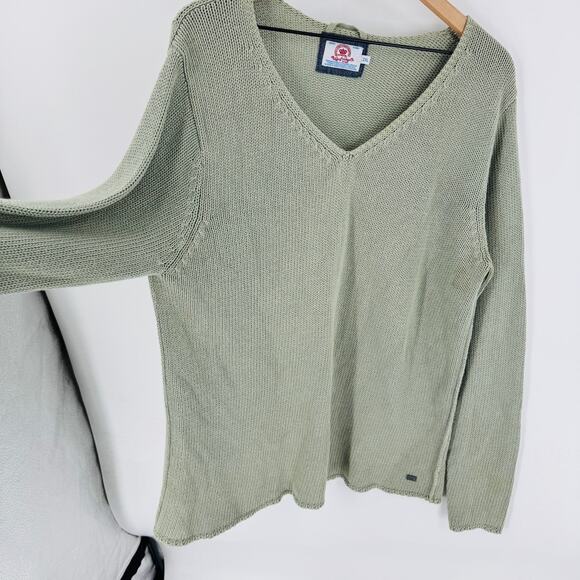Luxury Vintage 100% Cotton Knit Sweater Sage Green Long Sleeve V-Neck 2XL - Picture 7 of 8